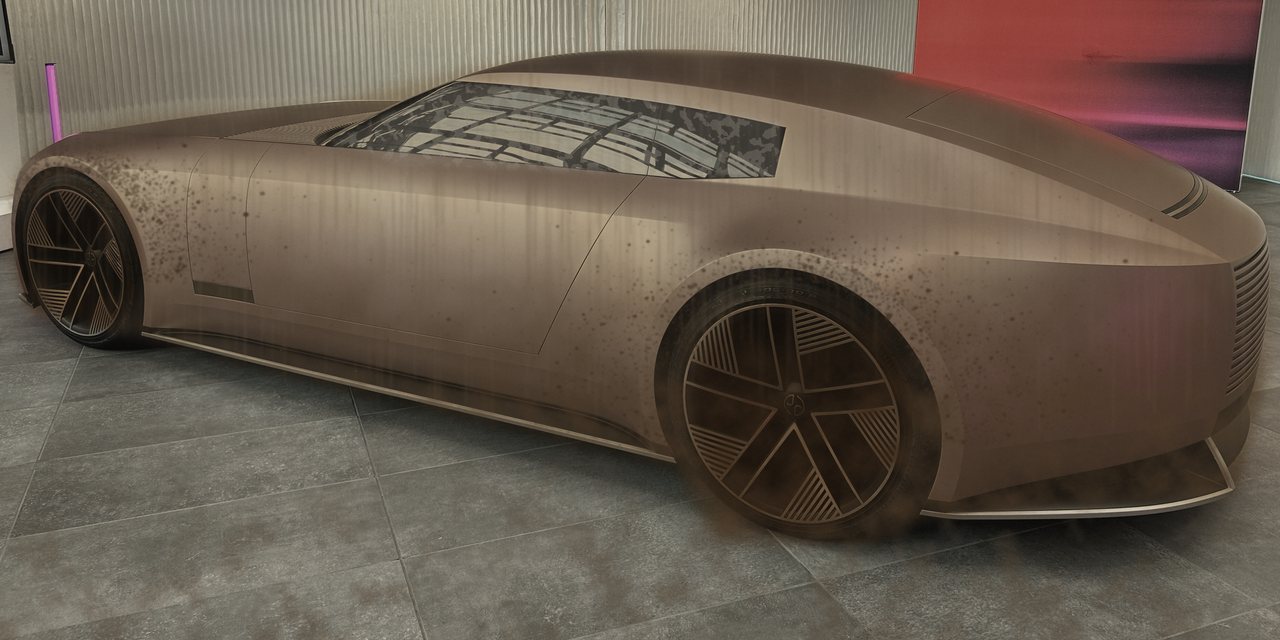A pink coupé before the wash, covered in road dust, mud splatter and rain streaks